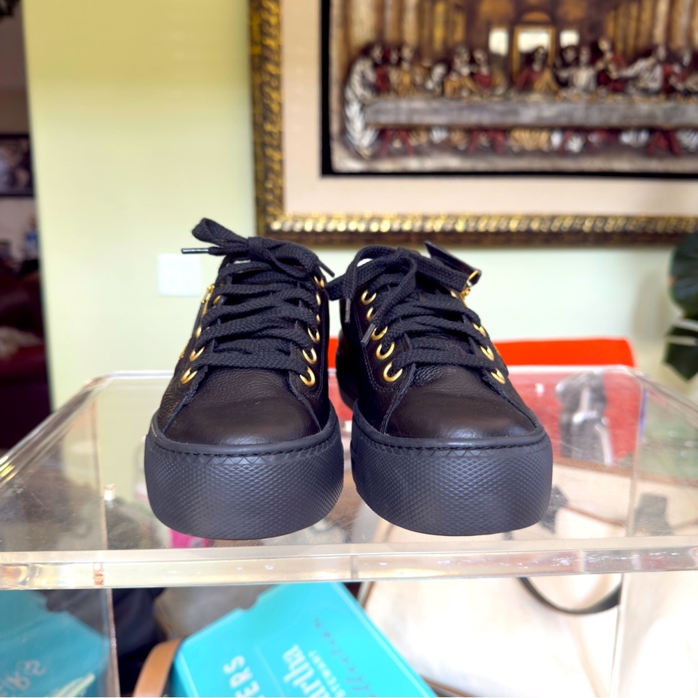 Paul Green Black Leather Platform Sneakers with Gold Eyelets